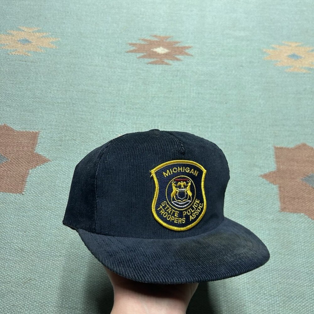 Vintage SnapBack hat corduroy cap Michigan state police patch blue made in USA